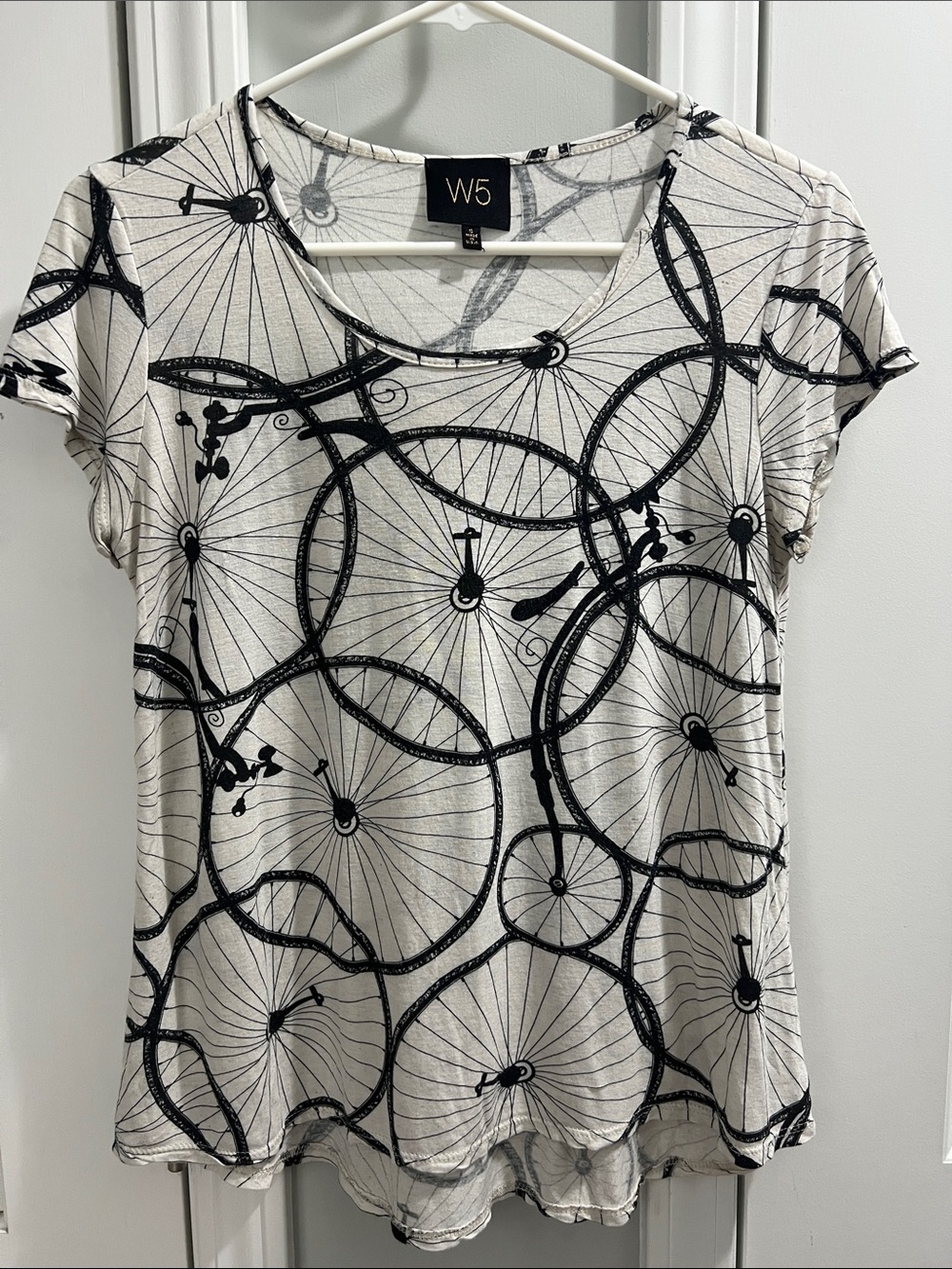 W5 White Tee with Black Bicycle Wheel Graphic